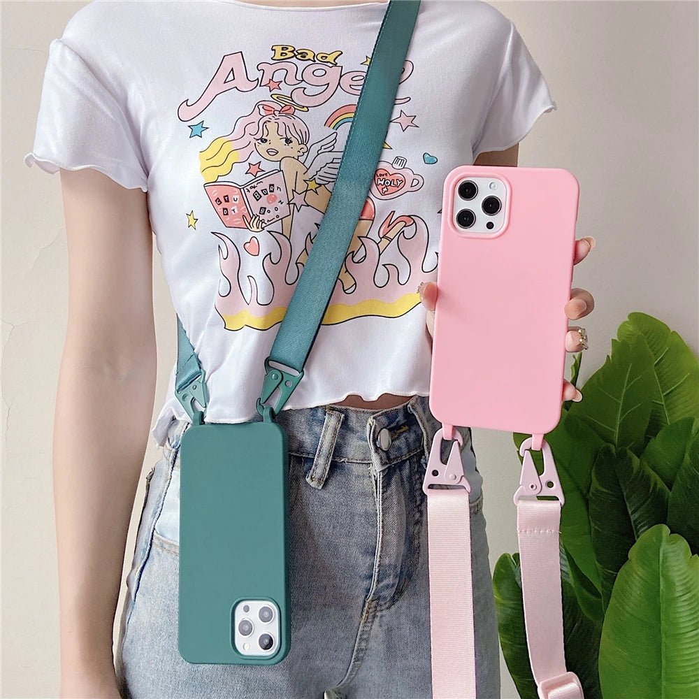 Crossbody Lanyard Matte Silicone Soft Case For iPhone 15 Pro Max 14 13 12 11 XR XS X 7 8 Plus Necklace Strap Shockproof Cover