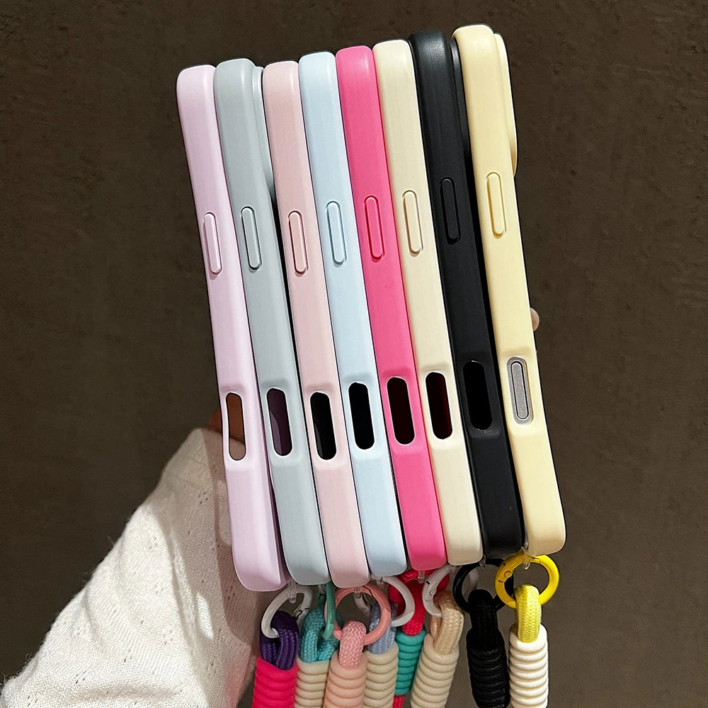 Candy Color Matte Wrist Strap Phone Case For iPhone 17 16 Pro Max 15 14 13 12 11 Air Plus Colorful Lanyard Shockproof Soft Cover