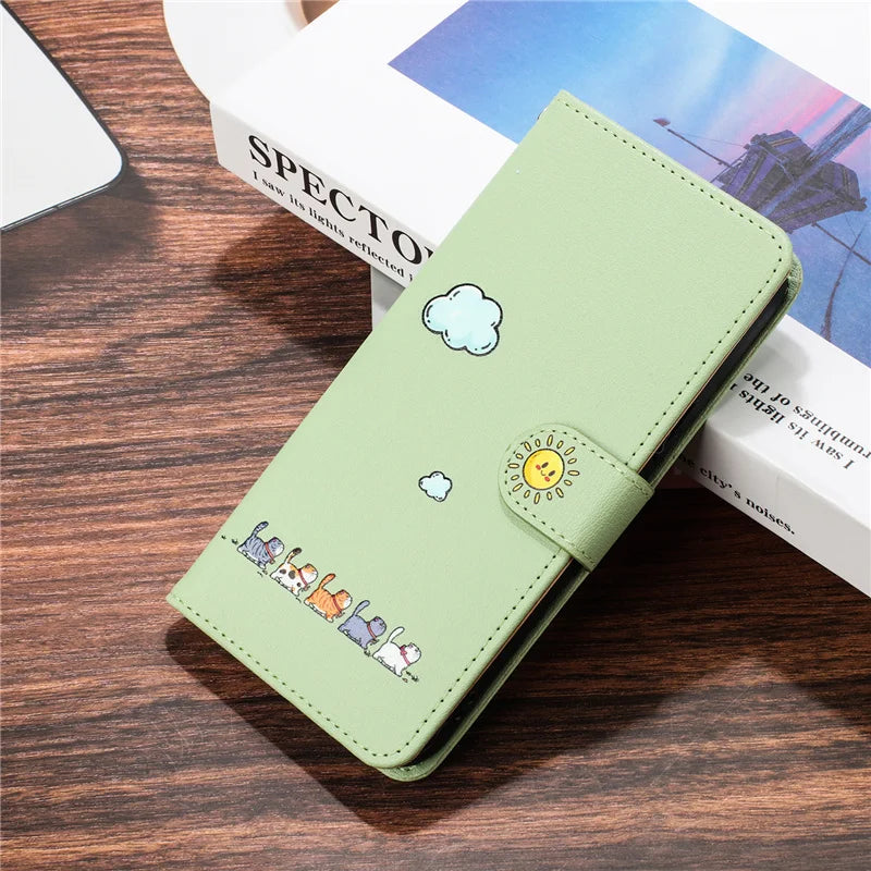 Fashion Flip Book Leather Wallet Case For Samsung Galaxy Note20 Note 20 S24 FE Ultra 9 10 plus Card Animal Kawaii Cat on Cover