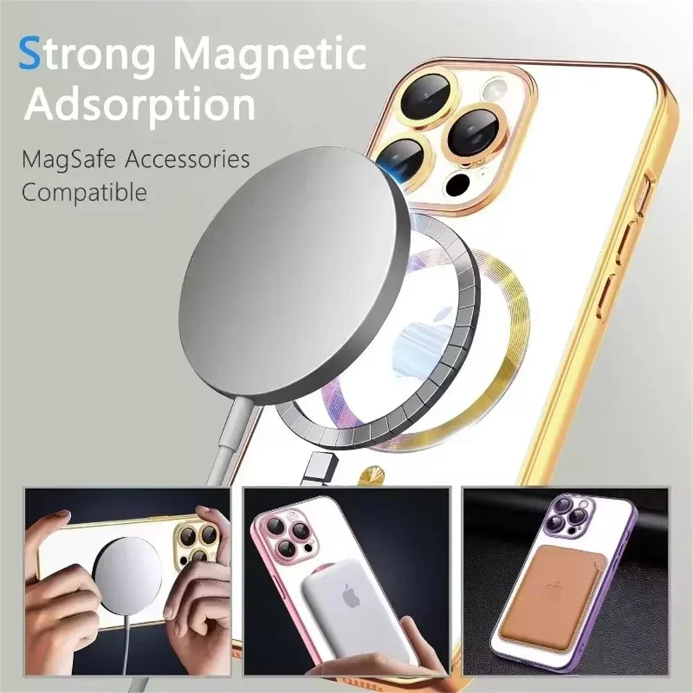 Upgrade Plating Soft TPU Lens Protect Case For iPhone 16 17 14 13 15 Pro Max For Magsafe Magnetic Wireless Charging Clear Cover