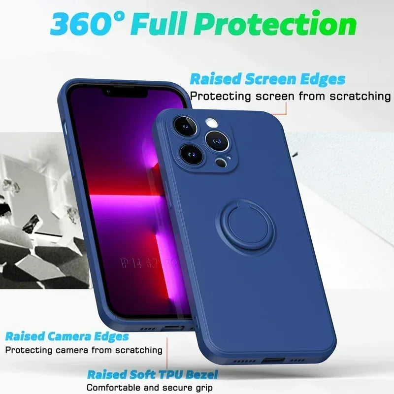 Liquid Silicone Case For iPhone 17 16 16e 15 13 Mini 14 12 11 Pro Max Plus Phone Holder Ring Stand Protect Cover Wrist Strap