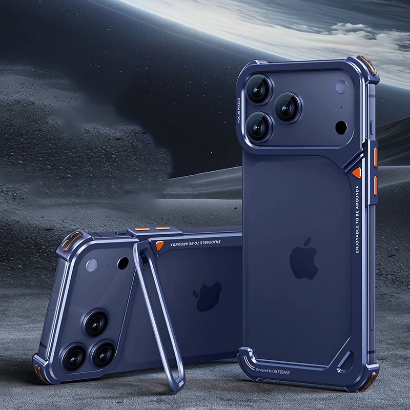 Eary 9-Shaped Phone Case for iPhone 17 Pro Max 17 Pro for Magsafe With Lens Holder Stand Metal Frameless Bumper Anti-Drop Shells