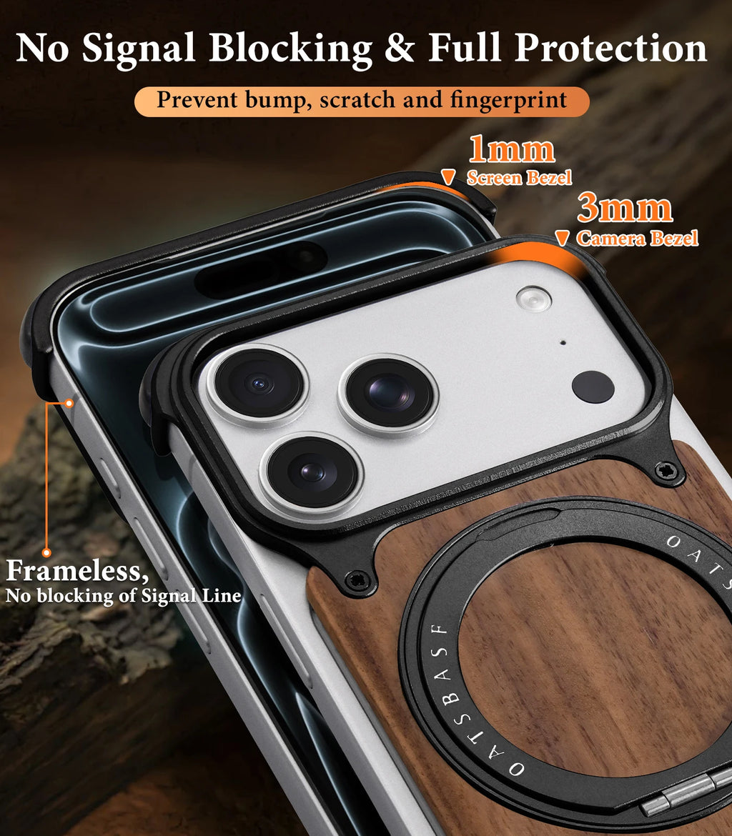 Oatsbasf Solid Wooden Phone Case for iPhone 17 16 Pro/Pro Max with Kickstand 360° Rotatable Magnetic Shockproof Protective Cover