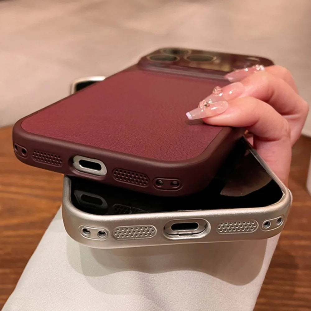 Luxury Lichee Leather Large Window Case for iPhone 17 16 15 Pro Max 14 Plus 13 Candy Color With Camera Film Shockproof Cover