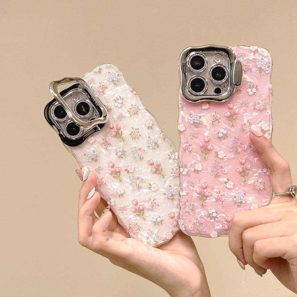 Chic Tulips Pattern Waving Frame Shell Gloss Len Frame Kickstand Phone Case for iPhone 16 15 14 11 12 13 Pro Max Plus Back Cover