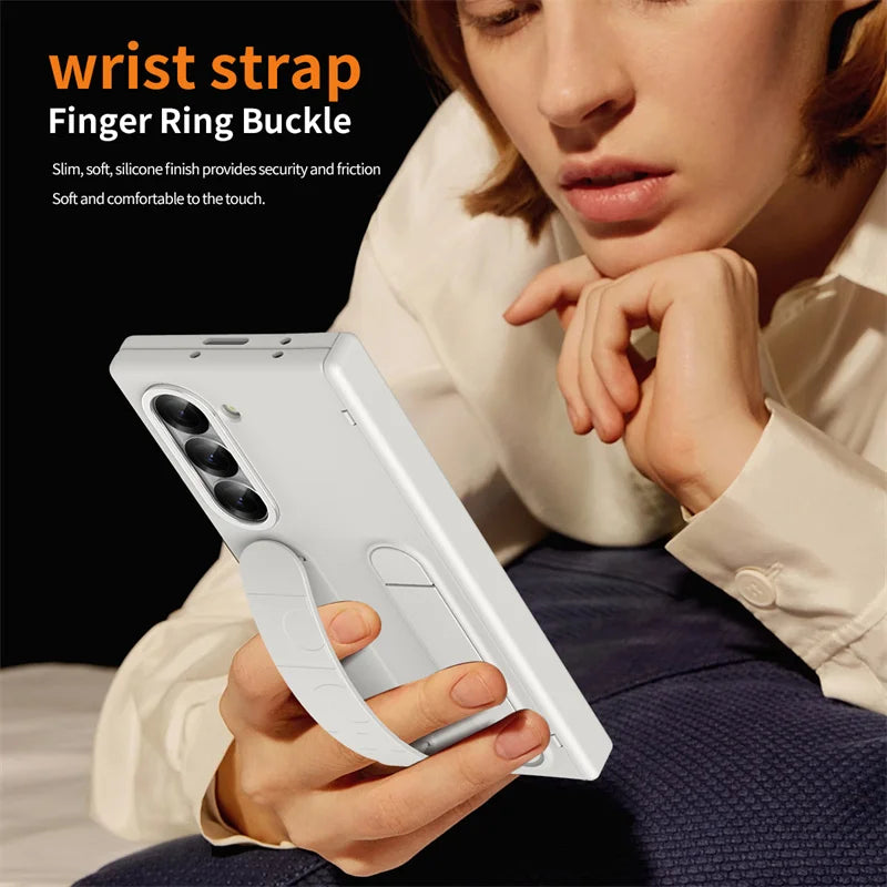 Wristband Holder Hinge Phone Case For Samsung Galaxy Z Fold 8Ultra 8 7 6 5 4 3 5G With Pen Slot & S Pen Screen Protect Film Cove