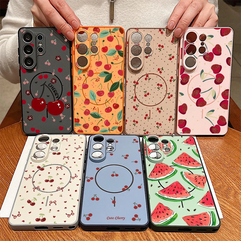 Little Cherry Pattern Magnetic Phone Case For Samsung Galaxy S26 S25 Ultra Edge S24 S23 FE A57 A17 A56 A37 A16 A55 A36 A55 Cover