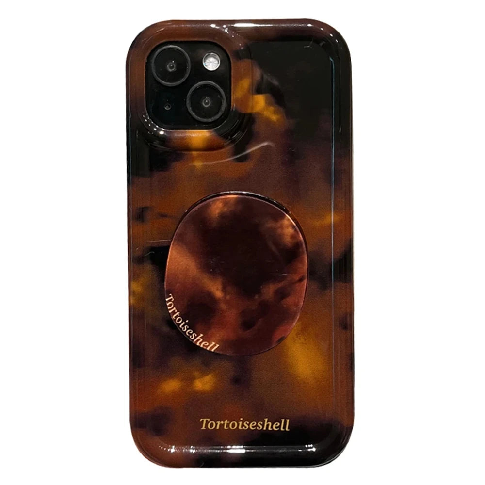 Luxury Amber Tortoiseshell Holder Case For iphone 17 16 Pro 15 14 11 12 13 Pro Max INS Korea Girl Soft Cover Stylish Shell