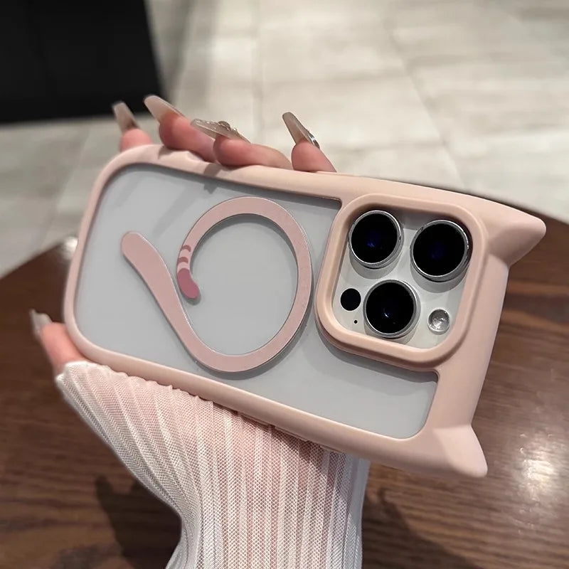 Ins Cute Cat Tail for Magsafe Phone Case For iPhone 17 16 15 14 13 12 Pro Max Air Plus Cat Ear Transparent Shockproof PC Cover