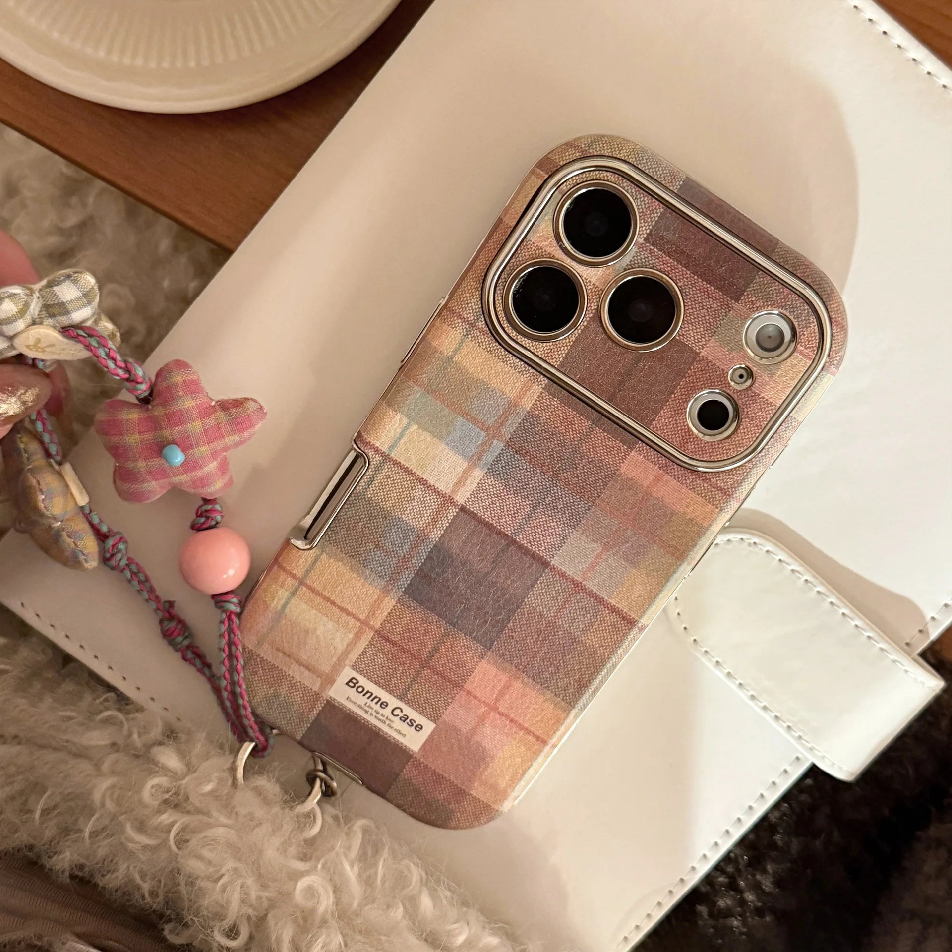 Korean Grid Pattern Cloth Texture Plating Phone Case With Stars Strap For iPhone 17 16 15 14 13 12 11 Pro Max Shockproof Cover
