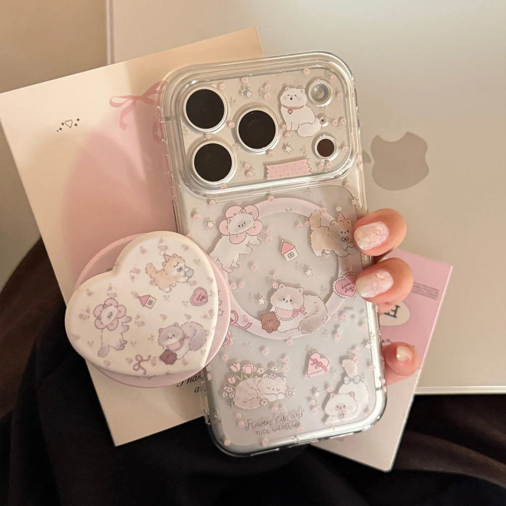Korean Cartoon Kitten Love Heart Magnetic Bracket Phone Case For iPhone 17 16 15 14 13 12 Pro Max Clear Shockproof Soft Cover