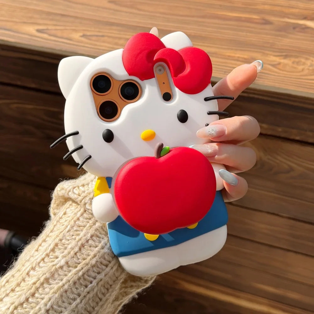 Cute Cartoon Sanrio Hello Kitty Phone Case For iPhone 17 Pro Max 16 E 15 14 Plus 13 Pro Max 12 Soft Silicone Cover With Holder