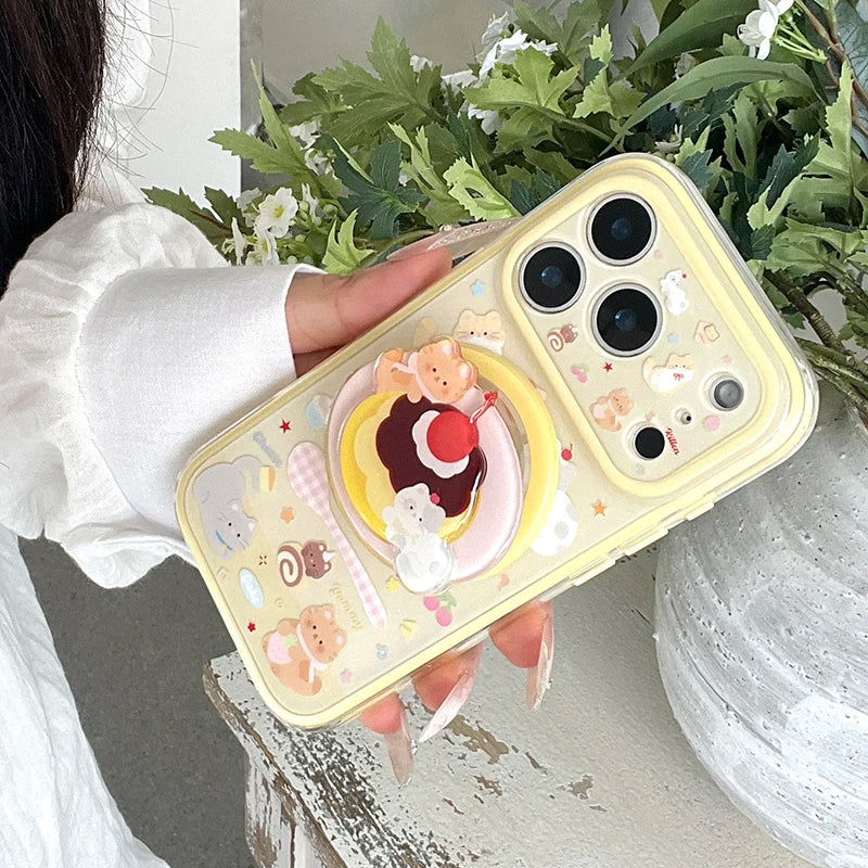 Korean Cute Cake Cat Magnetic Phone Case For iPhone 17 Pro 16 15 Pro Max Cover with Magsafe Stand Holder Shockproof Kawaii Cases