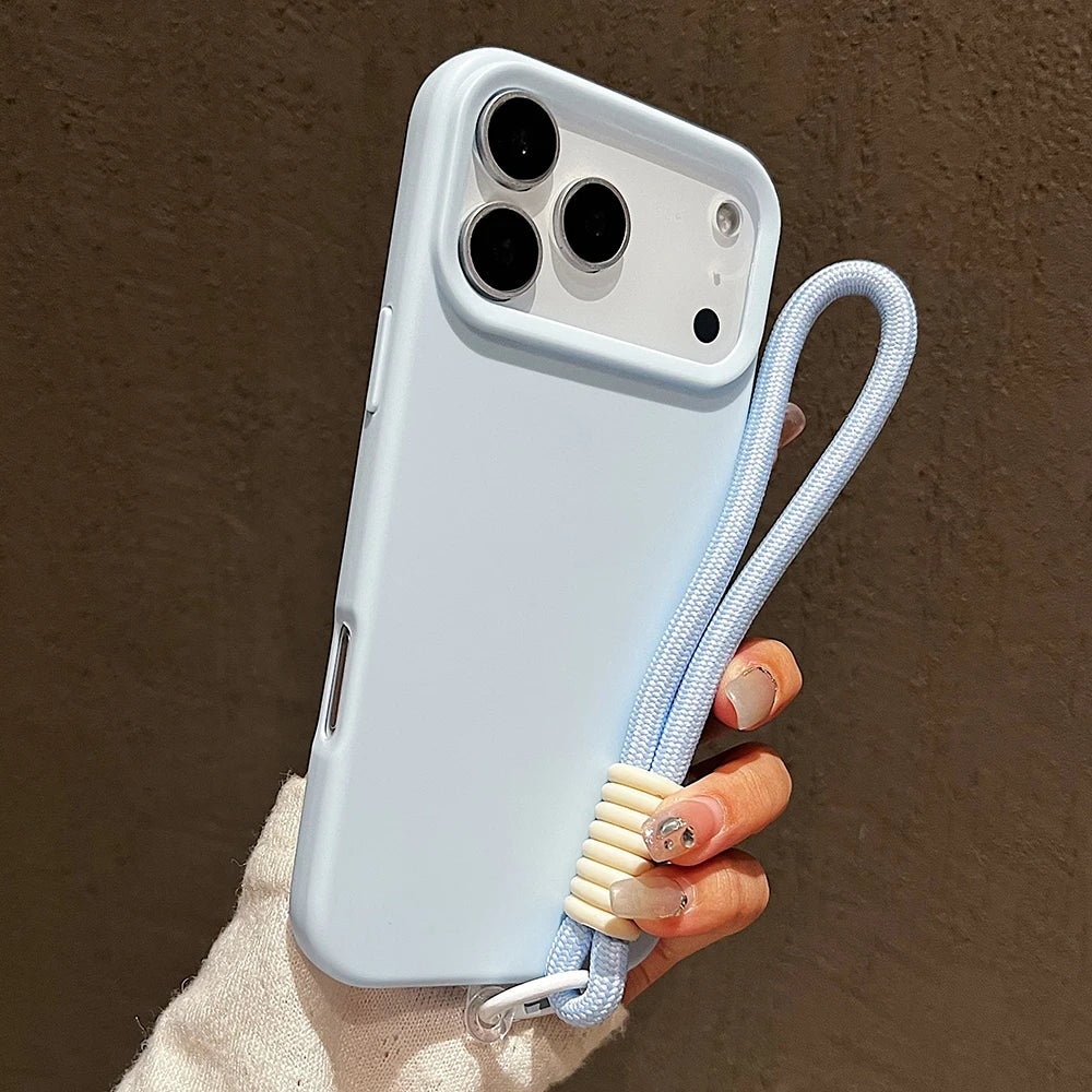 Candy Color Matte Wrist Strap Phone Case For iPhone 17 16 Pro Max 15 14 13 12 11 Air Plus Colorful Lanyard Shockproof Soft Cover