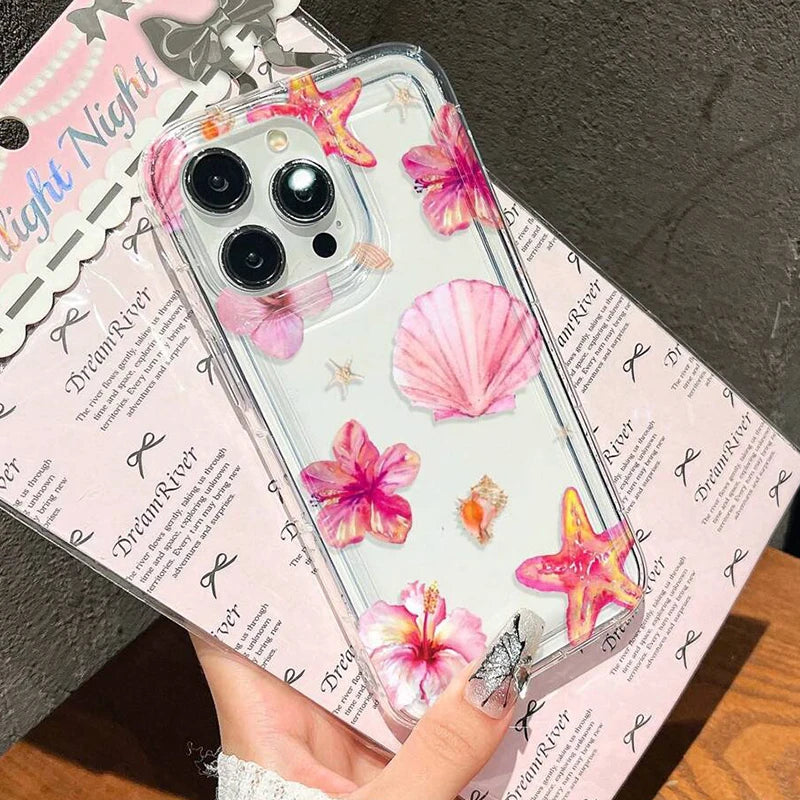 Pink Tropical Flower Starfish Shell Patterns Airbag Phone Case For iPhone 17 16 15 14 13 12 11 Pro Max XS XR 7 8 Plus 16E Cover