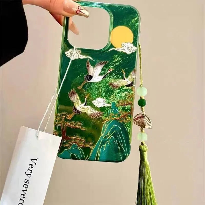 Auspicious INS Green Mountain Chinese Style Phone Case For iPhone 17AIR 17 16 15 14 13 12 11 Pro Max 7 8 Plus Mini Y2K Cover