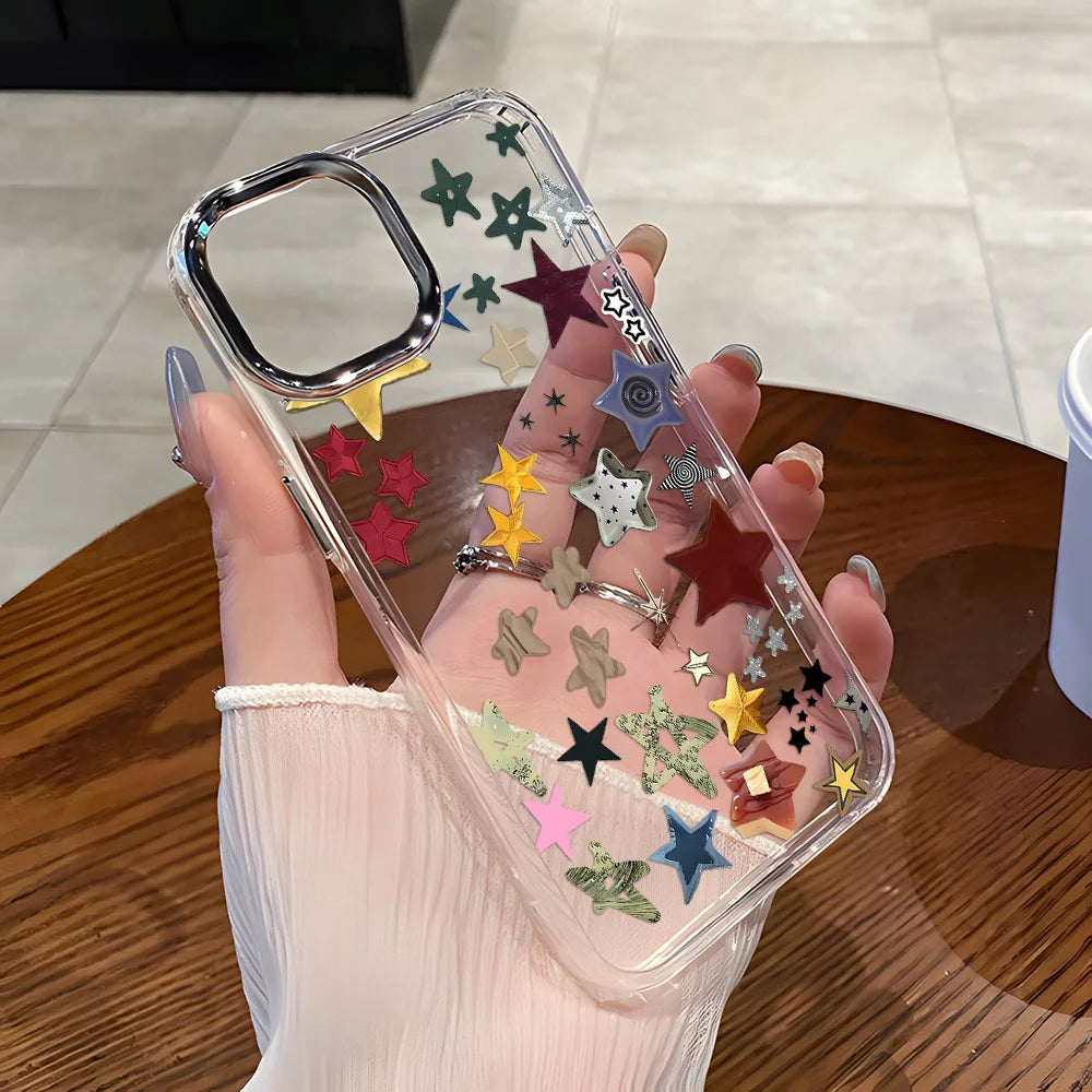 Korean Creative Threaded Star Silver Lens Frame Phone Case For iPhone 17 Pro Max Air 16 15 Pro Max 14 Pro13 12 11 Silicone Cover