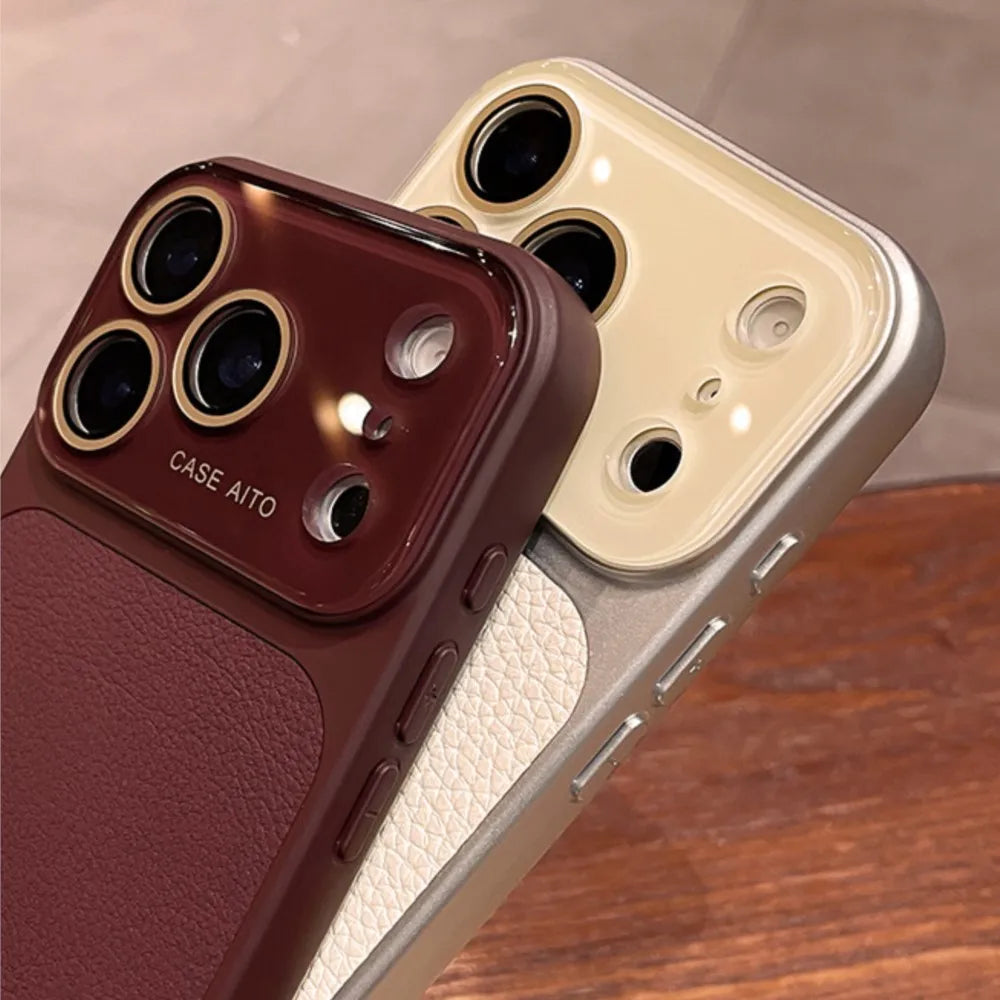 Luxury Lichee Leather Large Window Case for iPhone 17 16 15 Pro Max 14 Plus 13 Candy Color With Camera Film Shockproof Cover