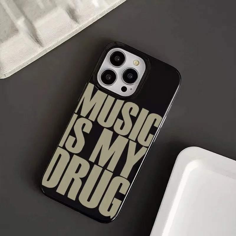 ins Black MUSIC IS MY DRUG Luck Phone Case Suitable for iPhone 11/12/13/14/15/ 16 Pro Max Phone Case
