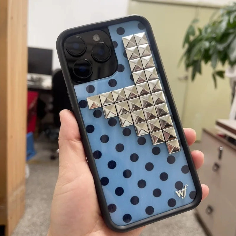 Wildflower 3D silver solid rivet Black white brown yellow Polka Dots Phone case For iPhone 13 12 14 15 16 17 Pro Max Plus Cover﻿
