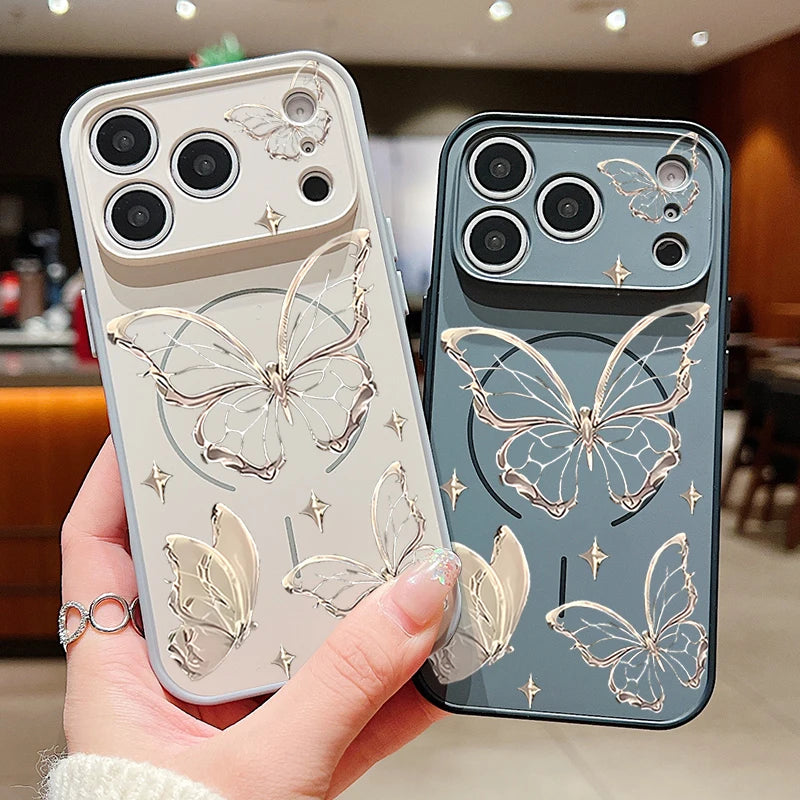 Gold Butterfly Pattern Magnetic Phone Case For iPhone 17 Pro Max 16 15 14 13 Pro Max For Magsafe Wireless Charge Hard PC Cover