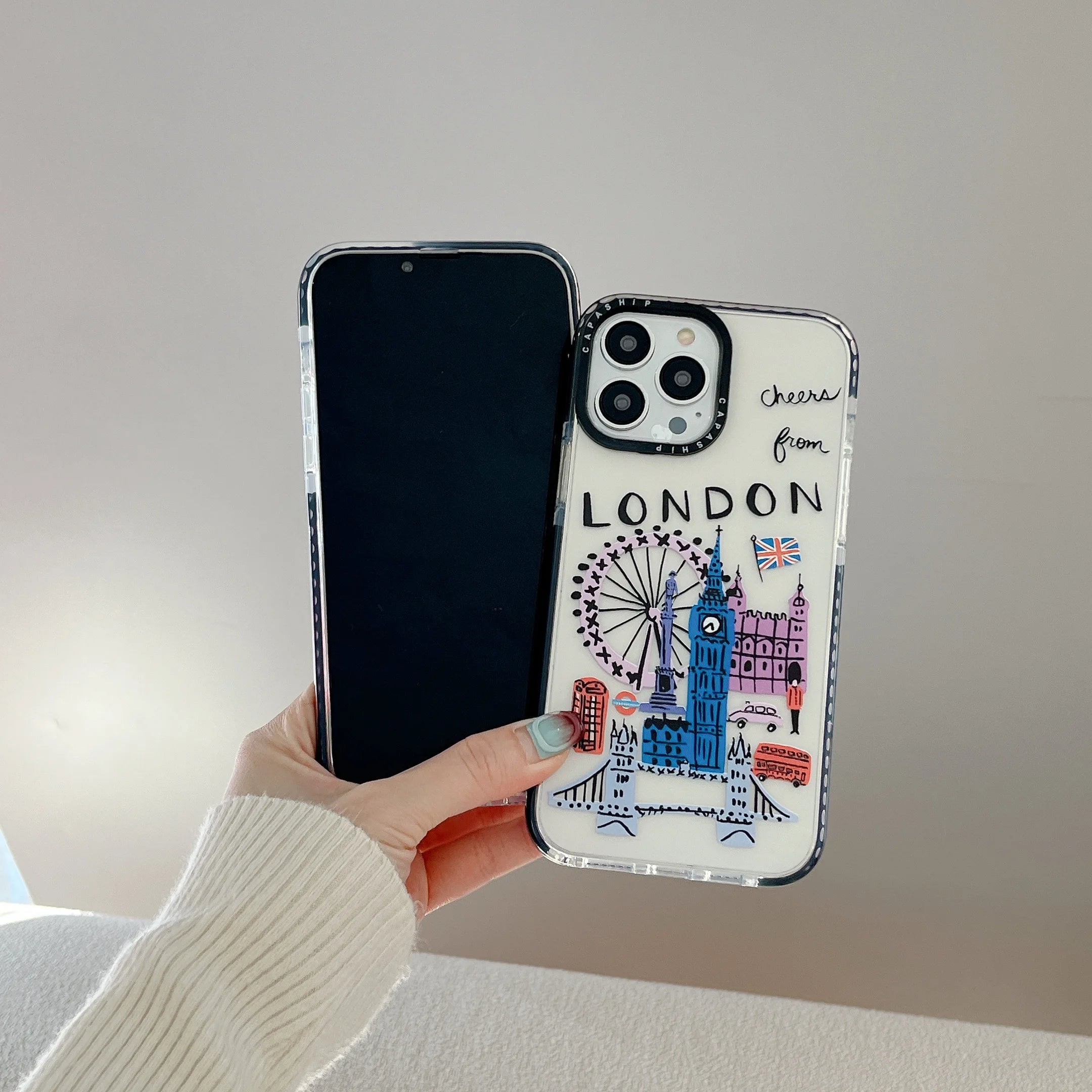 Paris London New York City Landmark building Cartoon Doodle Cover Case For iPhone 16 15 14 13 12 11 Pro Max 7 8 Plus Mini X XR