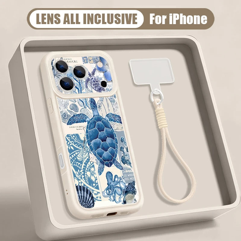 Retro Turtle Pattern Lanyard Phone Case For iPhone 17 Pro Max 16 17 14 15 13 Pro Max 11 17e 16e Shockproof Silicone Soft Cover