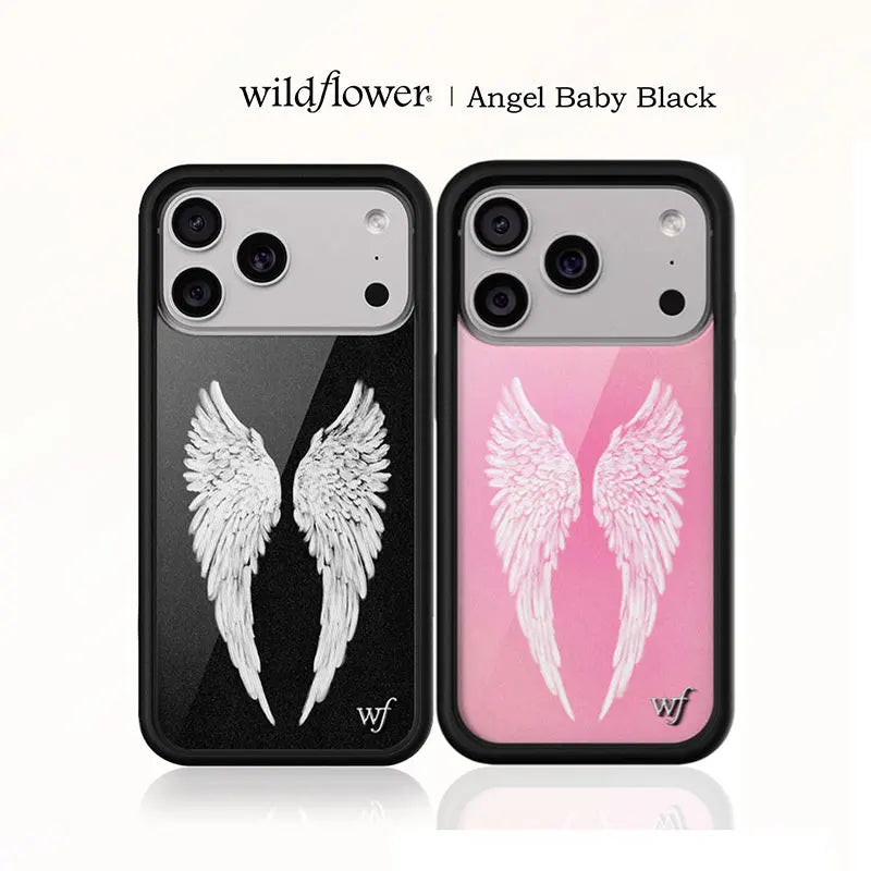 Wildflower INS Angel Baby Black Phone Case for iPhone 11 12 13 14 15 16 17 Pro Max Plus WF fashion Pink Wings shockproof Cover﻿﻿
