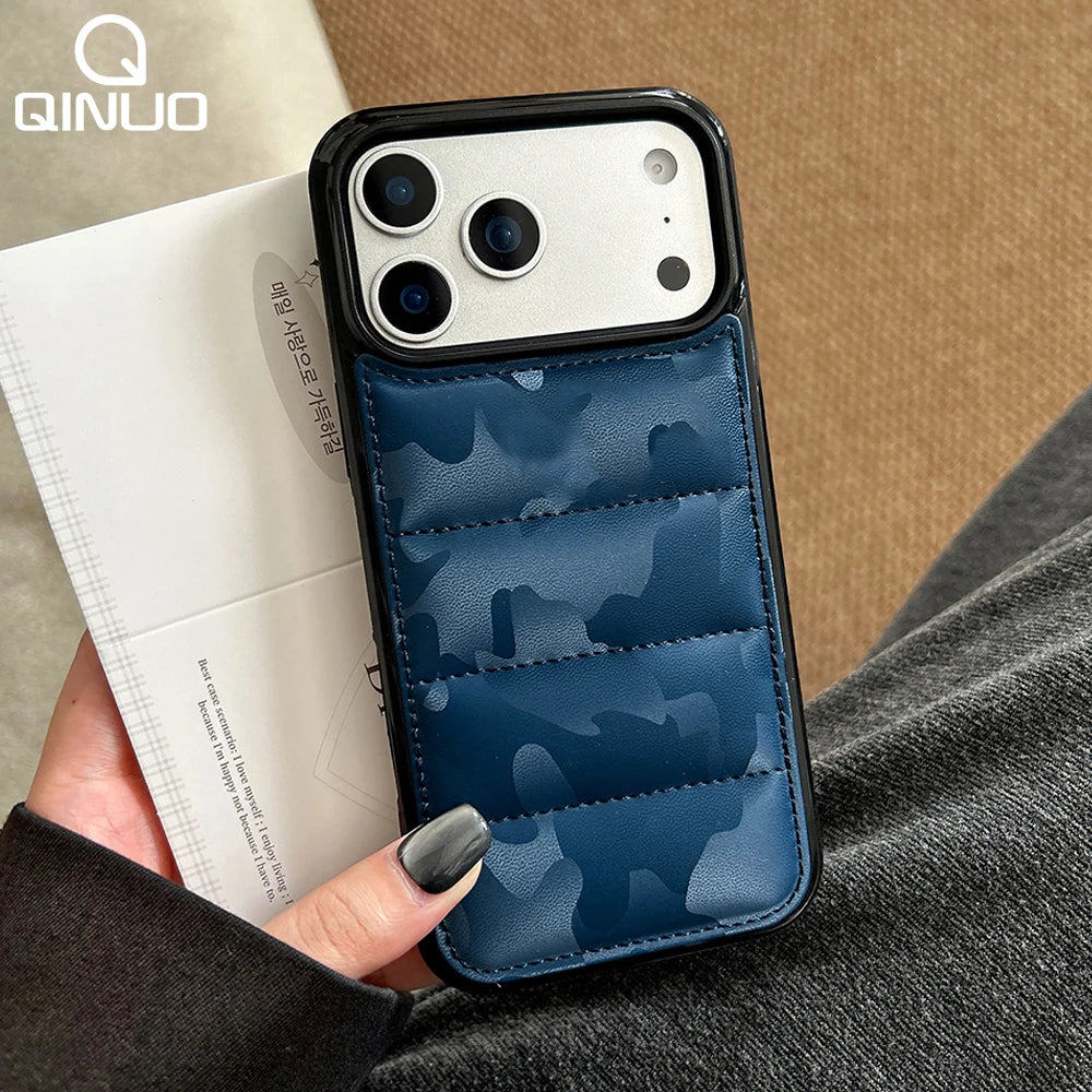 3D Camouflage Down Jacket Phone Case for iPhone 17 Air 16 15 14 13 Pro Max Plus 13Mini Air-cushion Shockproof Soft Fabric Cover