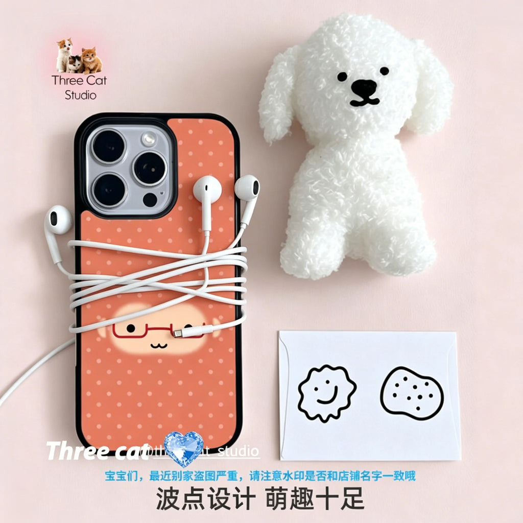 Korean Ins Cute Orange Polka Dots Glasses Monkey Phone Case For iPhone 17 16 15 14 13 12 11 Pro XR Max 8 7 Plus Y2K Cover