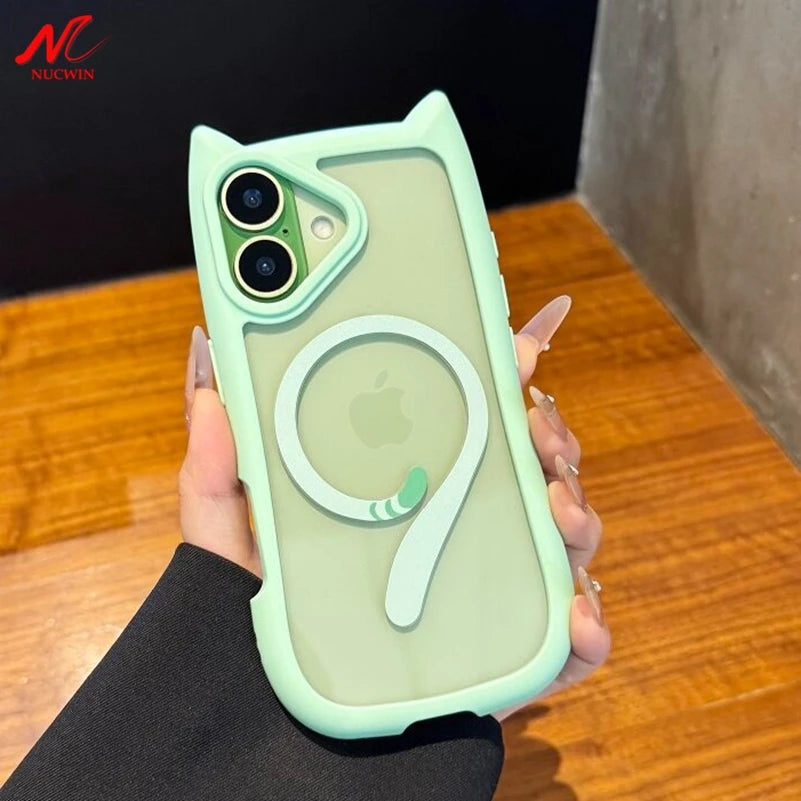 For Magsafe Cartoon Cat Ear Transparent PC Case for iPhone 17 16 Pro Max 14 15 Plus 13 12 11 Magnetic Wireless Charging Cover