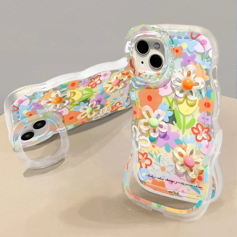Bracket Phone Holder Case For iPhone 17 16 15 14 13 12 11 Pro Max Plus Cartoon 3D Colorful Flower Holder Stand Shockproof Cover