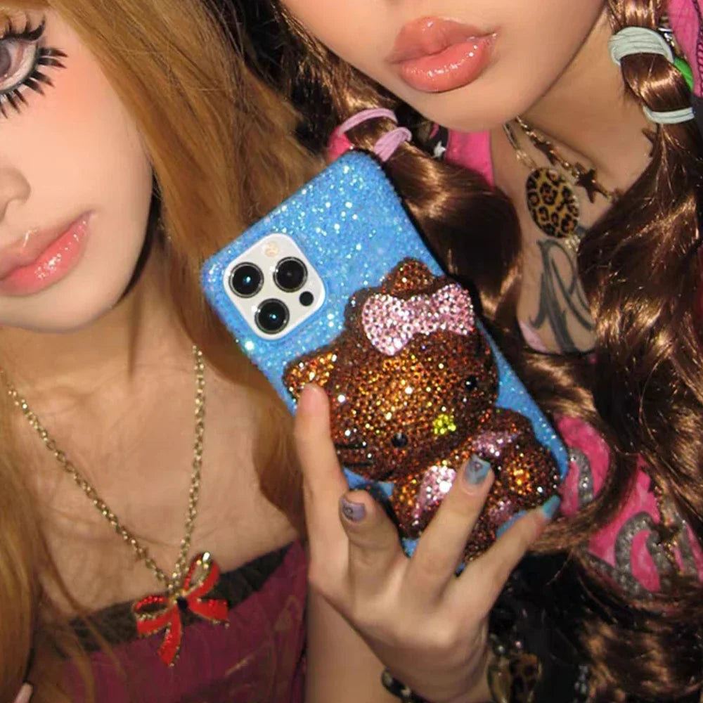Hot Hello Kitty Rhinestone Crystal Phone Case Chain For iPhone17 Air 16 12 13 14 15Pro Max X Xs XR 7 8 Plus SE Transparent Bu