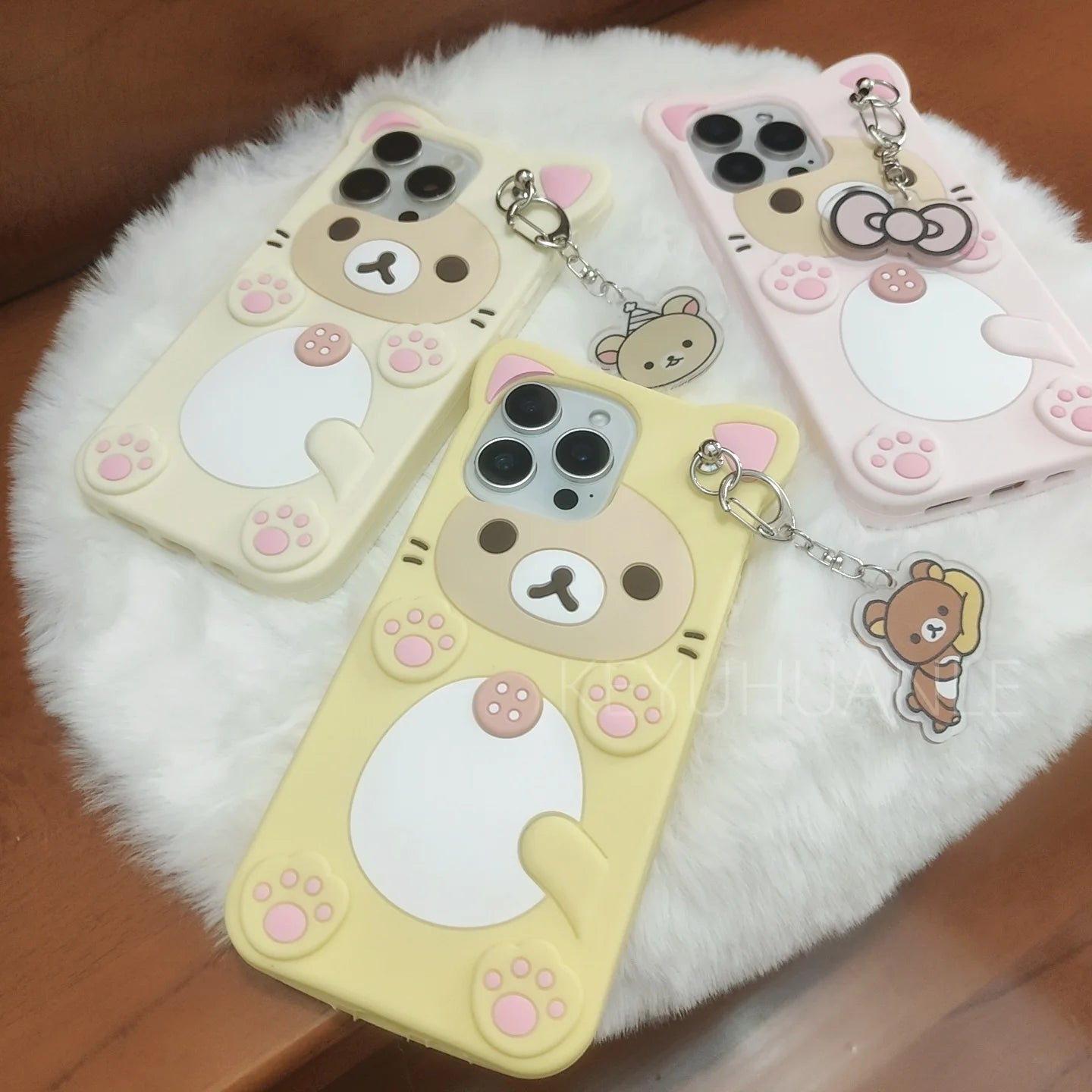 Cute Cartoon 3D Rilakkuma Phone Case For iPhone 17 16 15 14 13 12 11 Pro X XS Max XR 6 7 8 Plus 5 5S SE Key Chain Pendant Cover