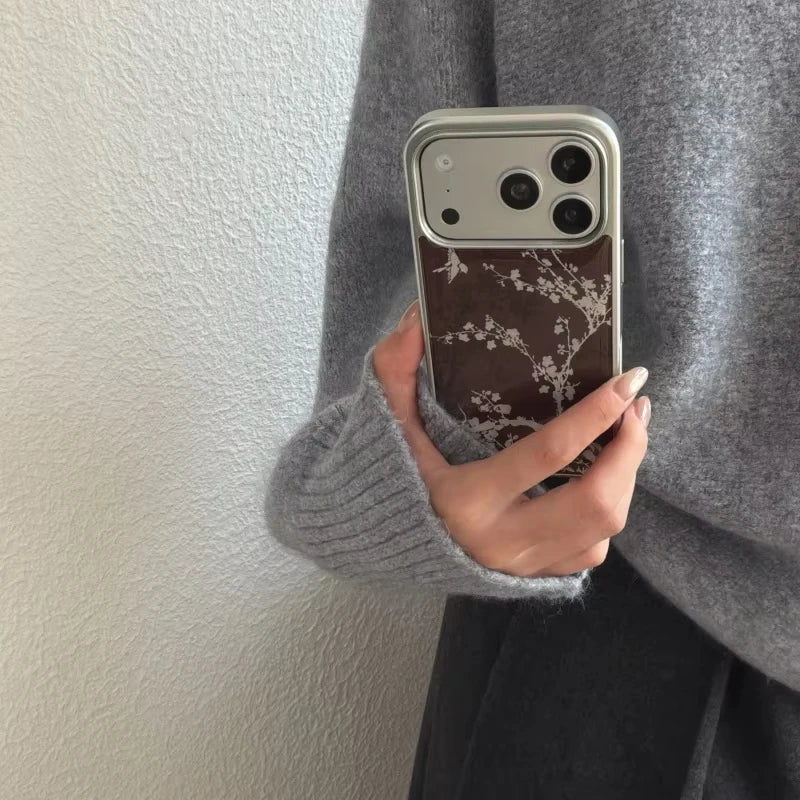 White Flowers Birds Pattern Electroplated Drip Glue Phone Case For iPhone 17 Air 16 ProMax 15 14 Plus 13 12 Pro 11 Back Cover