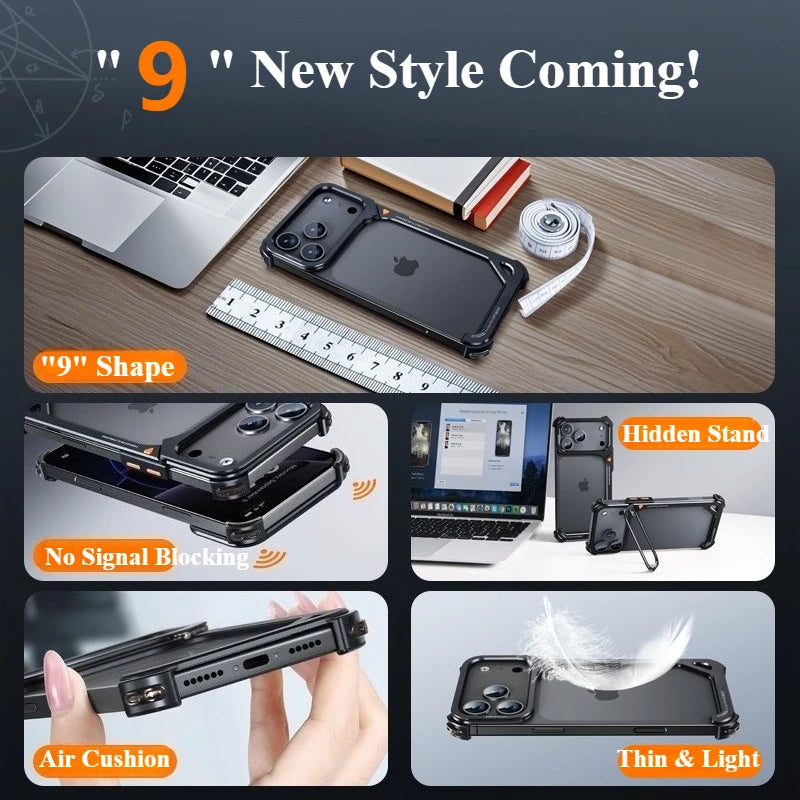 Oatsbasf 9-Shaped Phone Case for iPhone 17 Pro Max/17 Pro with Hidden Stand Metal Frameless Magnetic Minimalist Shockproof Cover