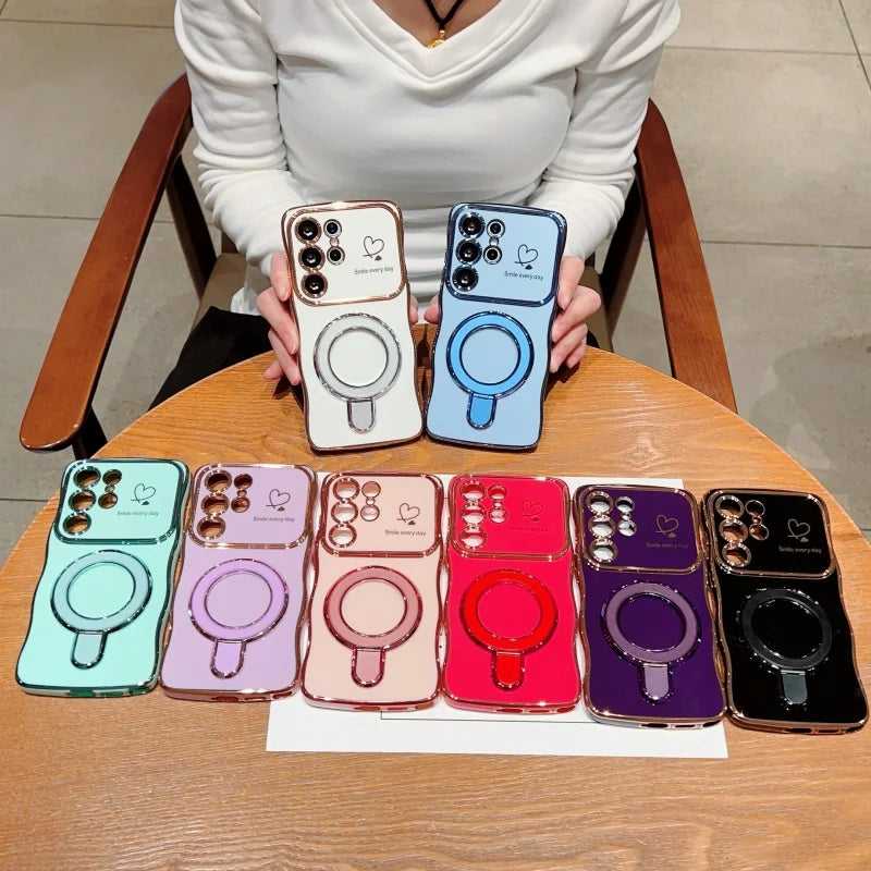 Wave Plating Side Love Heart Phone Case For Samsung Galaxy S26 S25 Ultra S24 S23 S22 A16 A55 Protect Lens Shockproof Back Cover
