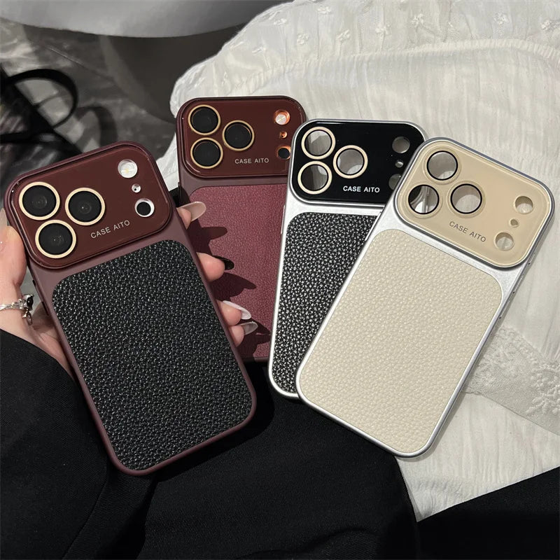 Luxury Lichee Pattern Leather Phone Case For iPhone 17 16 15 14 13 12 Pro Max Hard PC Camera Window Back Cover