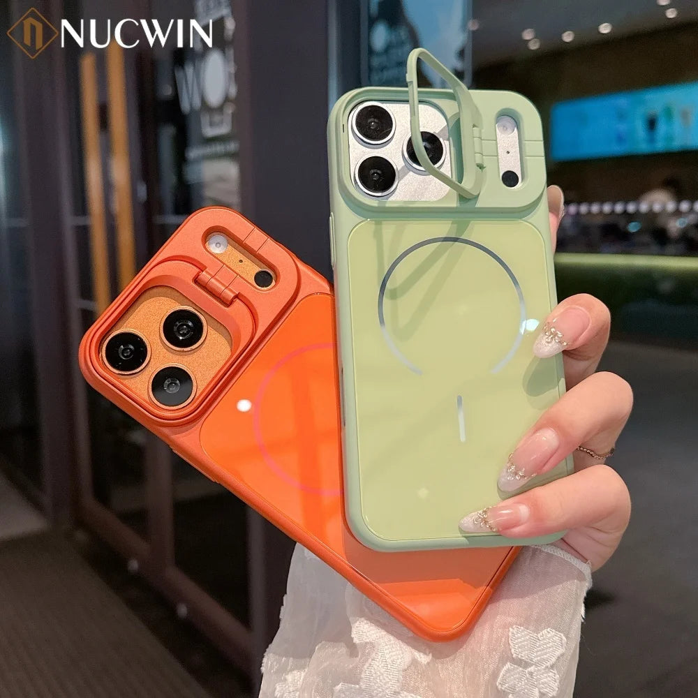 Glass Back Panel Magnetic Bracket Phone Case For iPhone 17 Pro Max 16 15 14 13 12 11 Pro Max 11 Lens Mount Shockproof Cover