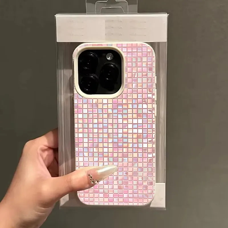 Shimmer Pink Iridescent Mosaic Grid Phone Case For iPhone 17 16 15 14 13 12 11 Pro Max Glitter Contrast Frame Cover For Ladies