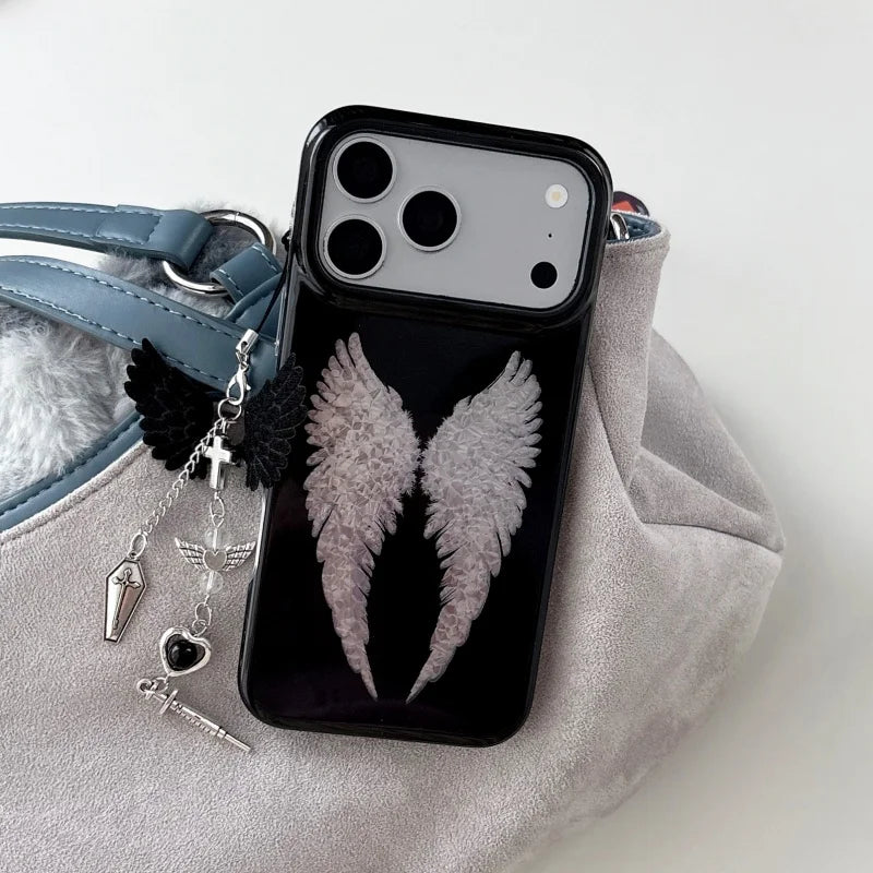 Luxury Laser Cute Cartoon Angel wings Baby Black Phone Case For iPhone 15 16 17Pro Max Y2k Angel wings pendant﻿﻿﻿﻿﻿﻿﻿﻿﻿﻿﻿﻿﻿﻿﻿﻿