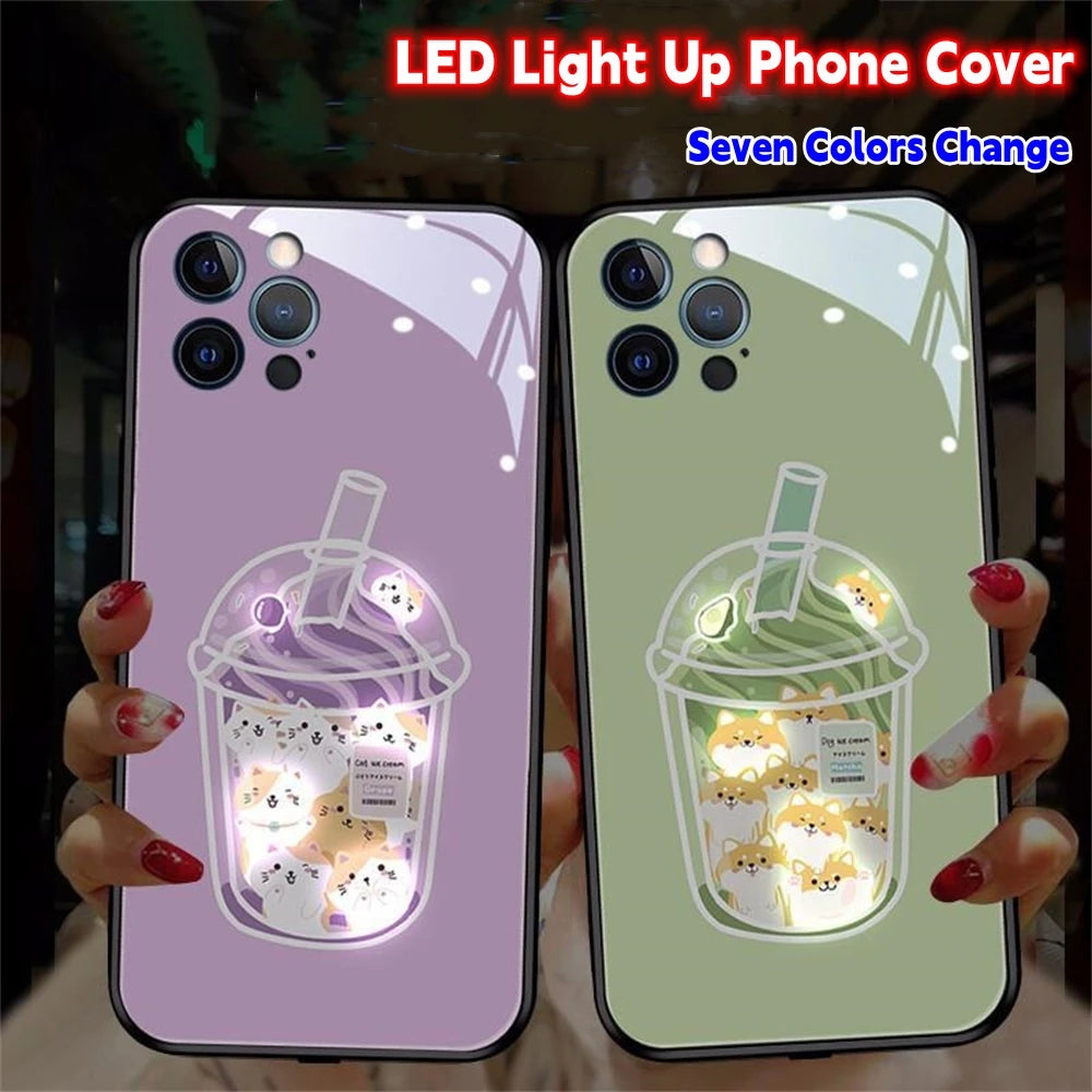 Cute Tempered Glass Luminous LED Case For Samsung S26 S25 S24 S20 S21 S22 S23 FE Plus Ultra Note 10 20 Call Light Up Cover