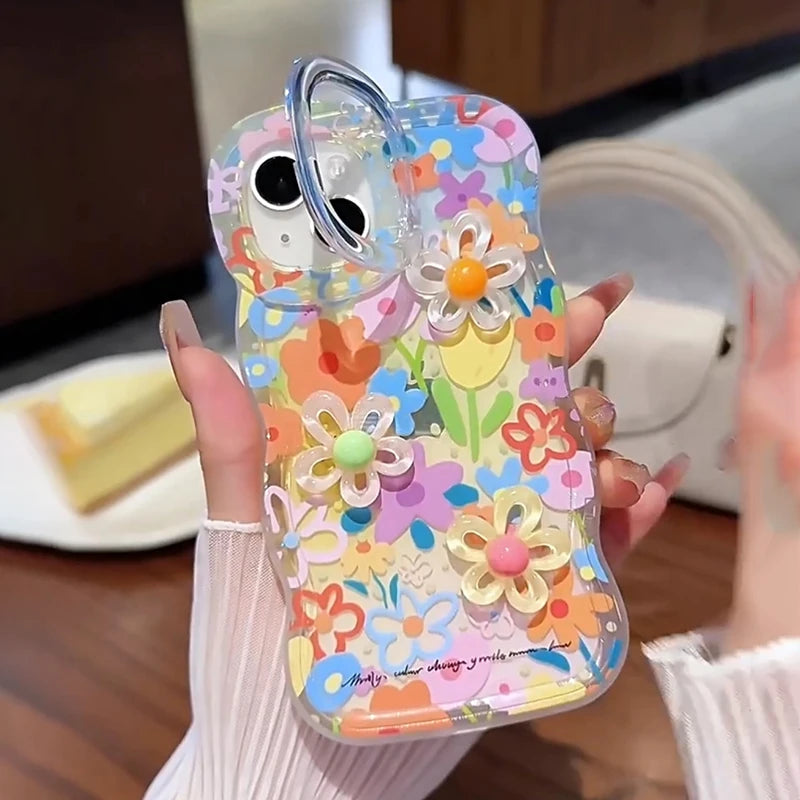 Bracket Phone Holder Case For iPhone 17 16 15 14 13 12 11 Pro Max Plus Cartoon 3D Colorful Flower Holder Stand Shockproof Cover