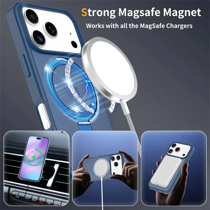 Luxury For Magsafe Fold Stand Magnetic Phone Case For iPhone 17E 16 15 17 Pro Max 16E Air 14Plus 13 12 Frosted Translucent Cover