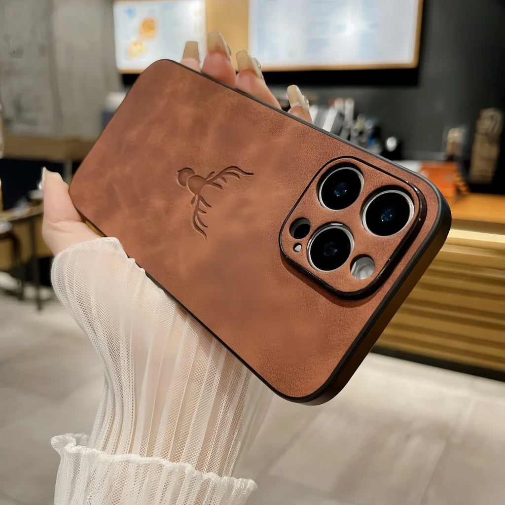 Retro Deer Pattern Leather Matte Shockproof Case For iPhone 16E 15 14 Plus 11 12 13 16 Pro Max XS XR Suede Bumper Silicone Cover