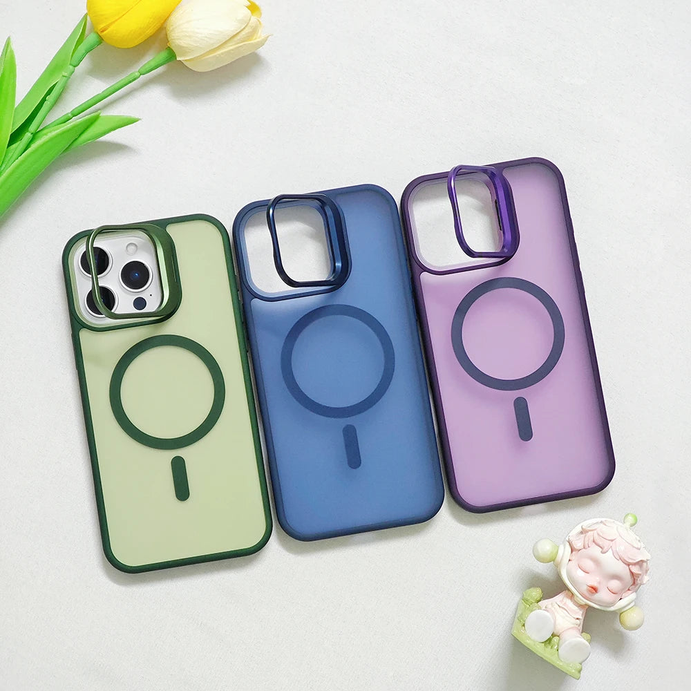 Metal Camera Folding Stand Magnetic Matte Cover For iPhone 16 13 12 Mini 11 14 15 Pro Max 16 Plus Translucent For Magsafe Case