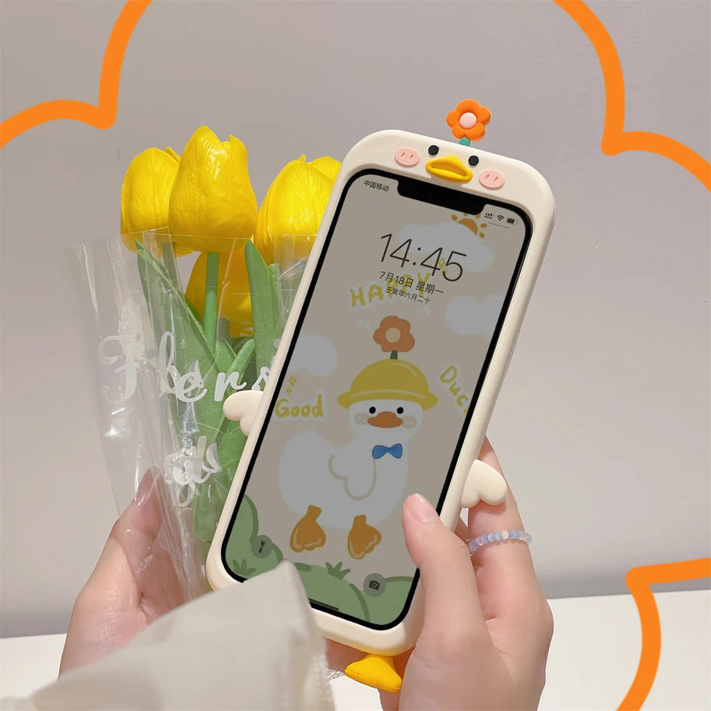 3D Flower Duckling Suitable For iPhone 15 Phone Case 13 Silicone 14 12 Pro Max 11 XR Soft XSMAX 8 PLUS