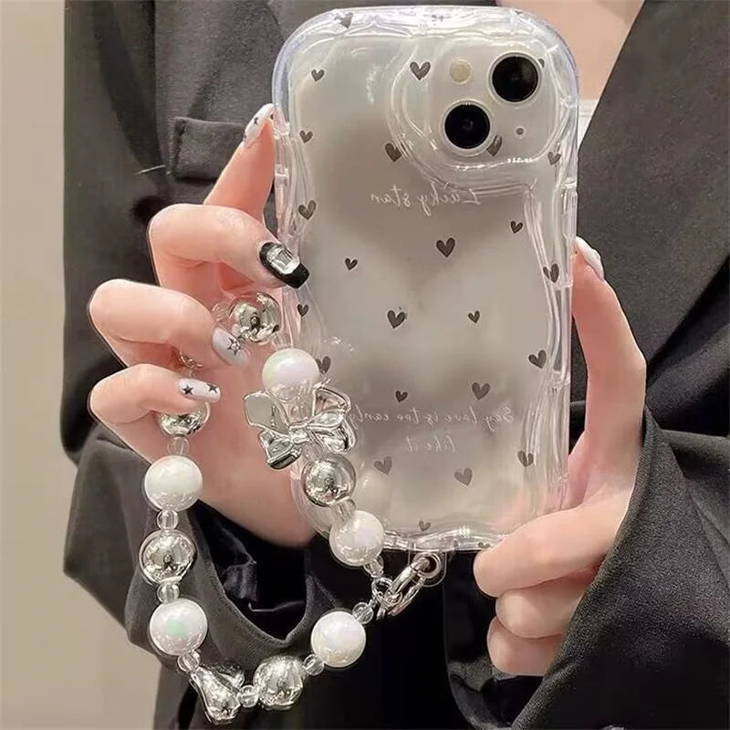 Love Heart Phone Case For IPhone 17 Air 16 15 12 11 Pro Max Plus 13 Mini 16E IPhone17 Silicone Wavy Edge Cover With Hang Strap