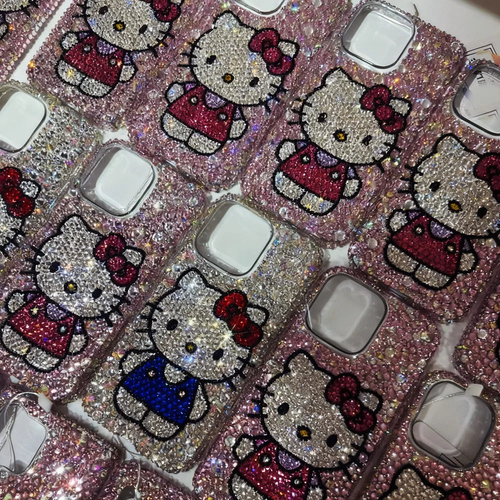 Kawaii Hello Kitty Rhinestone Bling Crystal Phone Case Chain For Iphone 7 8 17 16 15 14 13 12 11Pro Max Plus Shockproof Cover