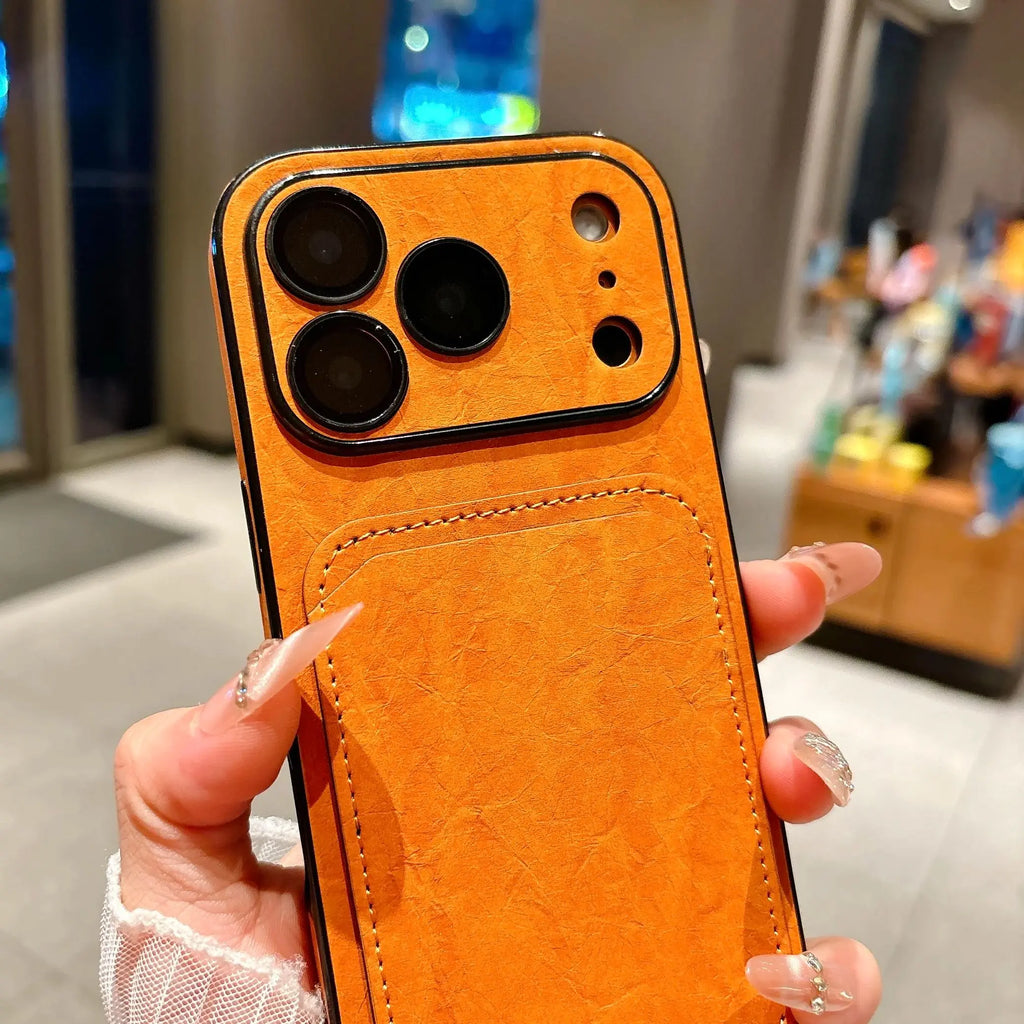 Business Leather Card Slot Holder Wallet Phone Case For iPhone 17 16 15 14 13 Pro Max Plus Solid Color Large Window Matte Cover
